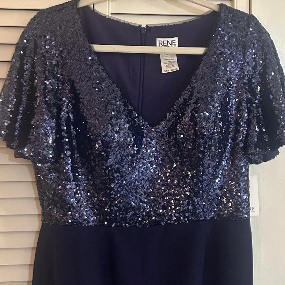 Rene Ruiz Deep blueberry Sequin V-Neck Maxi formal Dress with Flutter Sleeves - Picture 4 of 7